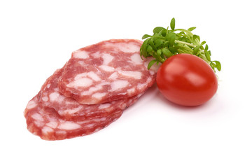 Sliced salami sausage, isolated on white background