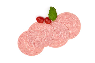 Smoked sausage slices, thinly sliced sausage, isolated on white background