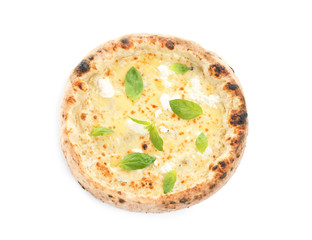 Delicious cheese pizza with basil isolated on white, top view