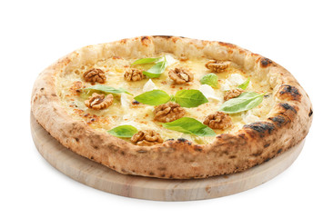 Delicious cheese pizza with walnuts and basil isolated on white