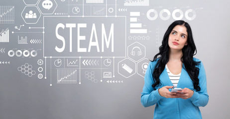 STEAM concept with thoughtful young woman holding a smartphone