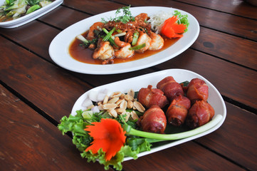 Bacon Wrapped with Fermented Thai Pork and Deep fried shrimp with Tamarind sauce