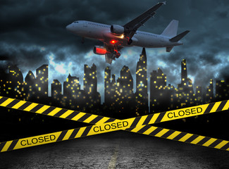 city closed under quarantine concept with plane - obrazy, fototapety, plakaty