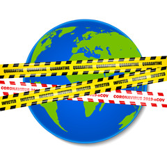 Coronavirus 2019-nCOV, seamless yellow and red security tapes on the background of planet Earth, vector illustration