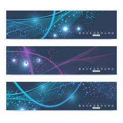 Scientific set of modern vector banners. DNA molecule structure with connected lines and dots. Scientific and technology concept. Wave flow graphic background for your design. Vector illustration.