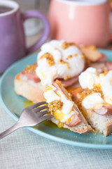 healthy breakfast. Toast with egg poached, sausages, cheese and French mustard  Avocado sandwich on...
