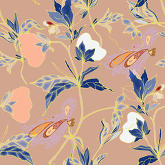 Floral seamless vector pattern. Cotton flowers, leaves, stems and petals on a pink background.