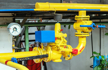 Gas boiler house equipment. Gas pipeline with safety gas valve.