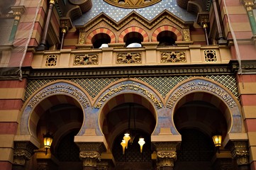 Jerusalem Synagogue, Prague, Czech Republic - 30 December 2019: the facade of this religious building made in moorish style is being restored