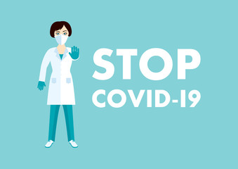 Woman doctor wearing protective mask to prevent epidemic Coronavirus vector. Stop Coronavirus disease COVID-2019 vector. Flu respirator vector. Woman with medical mask icon. Respiratory disease vector