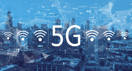5G network with downtown Chicago cityscape skyscrapers