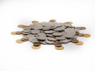 Symbol of coronavirus made from coins.  Business or healthcare concept with russian rubles isolated on white background. Perspective view, selected focus.