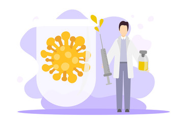 Flat hand drawn illustration. Pandemic, a new corona virus. Doctor create a vaccine. Coronovirus victory, vaccination, medical research.Illustration for news, articles, website, social networks.