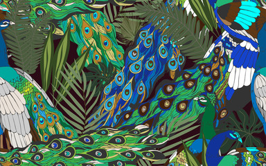 Seamless pattern with large blue-green peacock tails and leaves of tropical palm trees.