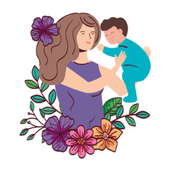 mother lifting baby boy with flowers decoration vector illustration design