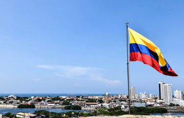 Colombia, scenic view of Cartagena cityscape, modern skyline, hotels and ocean bays Bocagrande and...