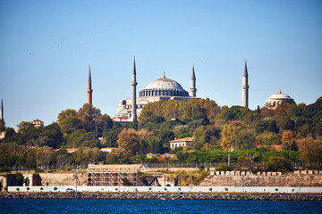 Fototapeta na wymiar Ayasofya Museum (Hagia Sophia) in Sultan Ahmet park in Eminonu, Istanbul, Turkey