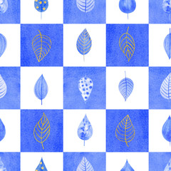 Hand painted watercolor floral seamless pattern with gold and blue leaf. Perfect for wrappers, wallpapers, textile, postcards, greetings, wedding invitations, romantic events.