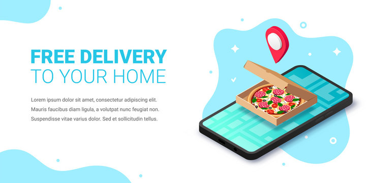 Free fast food delivery to your home service isometric banner. 3d pizza in box, map pointer, city map on smartphone screen online concept. Vector illustration for web site, advert, mobile app