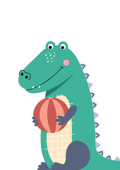 Cute crocodile playing with the ball. Poster for baby room. Childish print for nursery. Design can be used for fashion t-shirt, greeting card, baby shower. Vector illustration.
