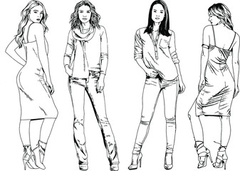 vector drawings on the theme of beautiful slim sporty girl in casual clothes in various poses painted ink hand sketch with no background