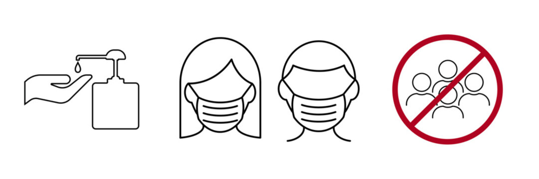Icon images wearing a mask, washing your hands and avoiding assembly. Coronavirus or Covid 19 protection concept.