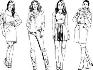 vector drawings on the theme of beautiful slim sporty girl in casual clothes in various poses painted ink hand sketch with no background