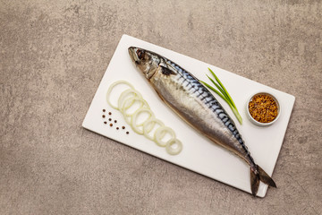 Pickled whole mackerel. Traditional seafood delicacy, healthy eating concept