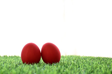 red easter egg on lawn green grass artificial with blank white background