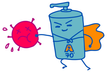 Vector illustration of a cartoon alcohol character punching the corona covid-19 virus.
