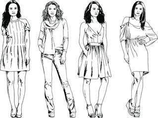 vector drawings on the theme of beautiful slim sporty girl in casual clothes in various poses painted ink hand sketch with no background