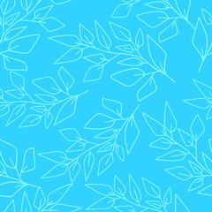 White doodle branches with leaves on bright blue background. Seamless floral season pattern.