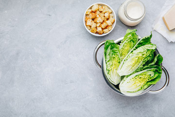 Ingredients for Caesar Salad with Romaine Lettuce, homemade dressing, Parmesan cheese and crunchy croutons.