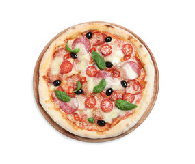 Delicious pizza Diablo isolated on white, top view