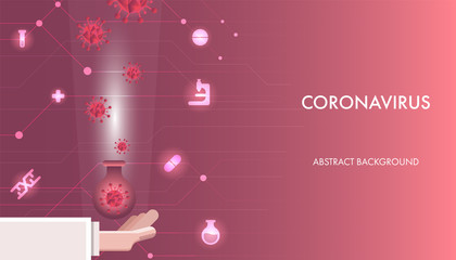 Abstract red coronavirus with scientist's hand and glowing medical icon background. Template for presentation, banner or backdrop.