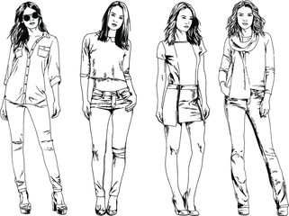 vector drawings on the theme of beautiful slim sporty girl in casual clothes in various poses painted ink hand sketch with no background