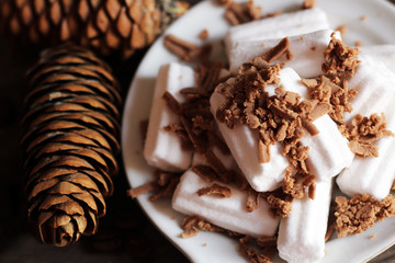 Chocolate with marshmallow and pine cones