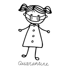 Beautiful hand-drawn vector illustration of a girl in a medical mask isolated on a white background with lettering Quarantine for coloring book
