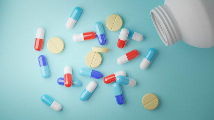 3D Render. Assorted pharmaceutical medicine pills tablets and capsules on blue background.