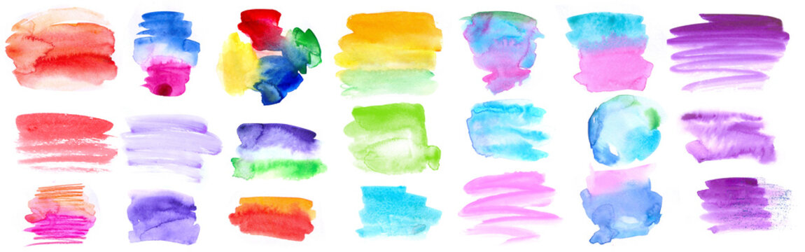 a set of multi-colored water watercolor spots of different shapes for web design, eternal stories and printing, the paint is mixed into gradients and watercolor spots