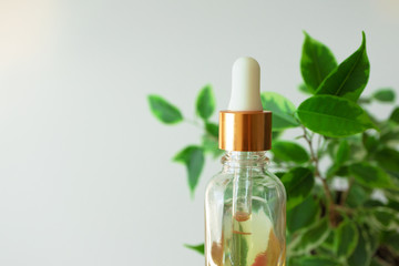 Close-up serum essence in glass bottle and leaves on white background. Skin care beauty product. Face moisturizer. Concept natural bio organic cosmetic, copy space