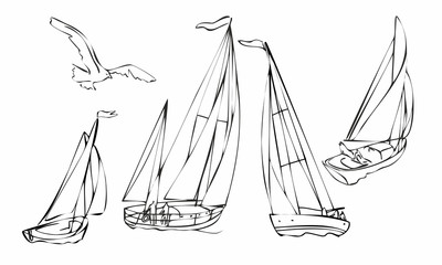 Set of four black silhouette sailboats, set of sailboat icons