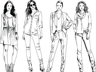 vector drawings on the theme of beautiful slim sporty girl in casual clothes in various poses painted ink hand sketch with no background