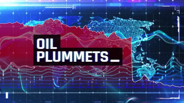 Oil plummets, breaking news text on blue background, energy market crisis. Trading, price war, collapse