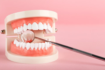 Fototapeta na wymiar Teeth model with dental mirror on pink background