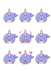Cute kawaii hand drawn emotion narwhal doodles, isolated on white background © dikabrina