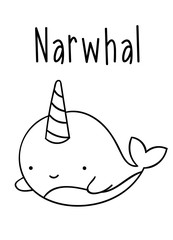 Coloring pages, black and white cute kawaii hand drawn narwhal doodles, lettering narwhal © dikabrina