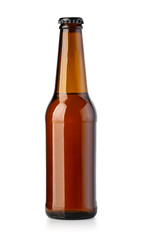 brown bottle with beer on white