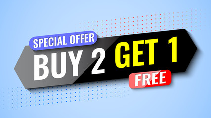 Buy 2, get 1 free. Special offer banner. Vector illustration.