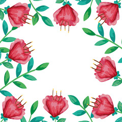 frame of flowers red with branches and leafs vector illustration design